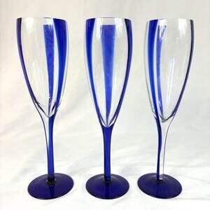 Set of 3 Pier 1 Handblown Cobalt Blue Stripe Champagne Flutes 9.75”